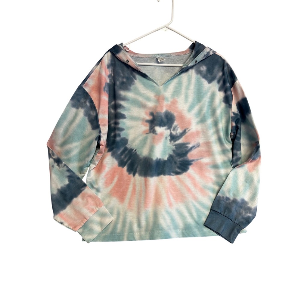 Boho Hippie Retro Tie Dye Womens Hoodie L V-Neck Long Sleeve Sweatshirt 60s 70s